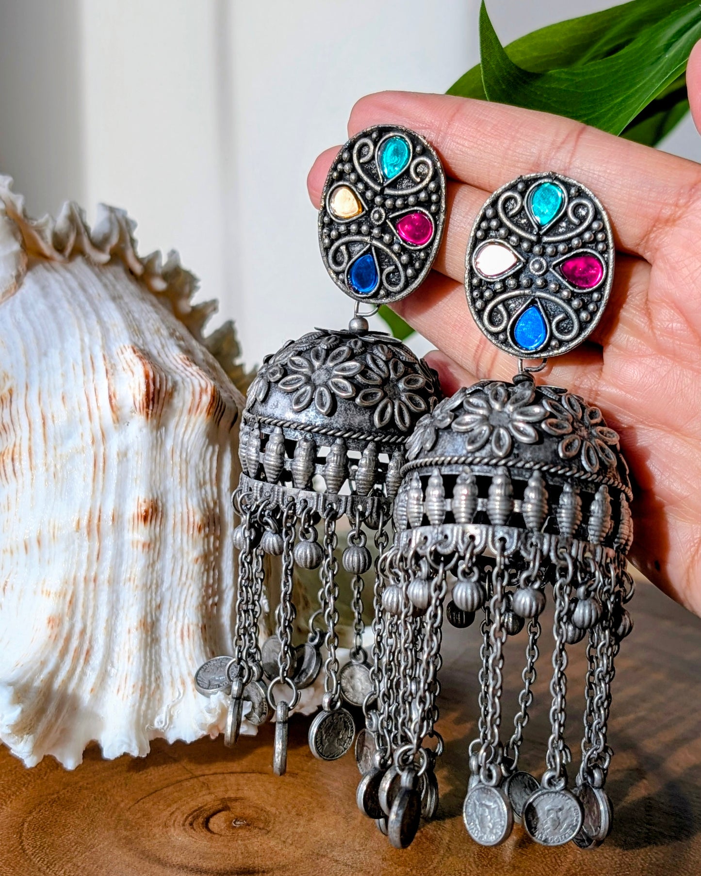 Arifa Oxidized Silver Boho Jhumka Earrings