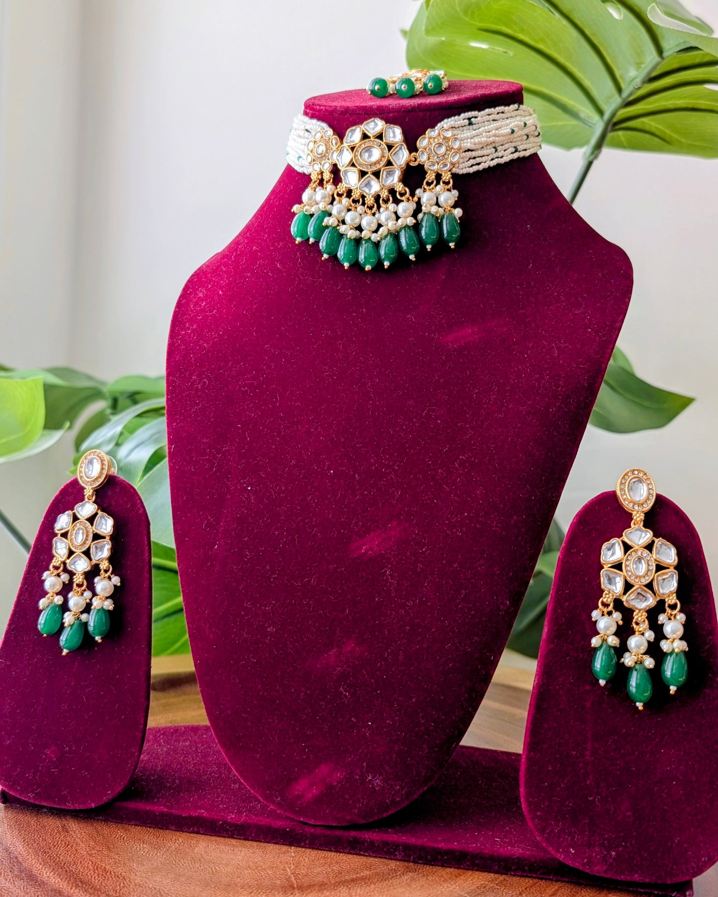 Anjali Premium Kundan Necklace Choker - Dark Green
