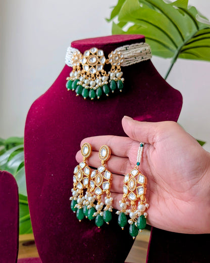 Anjali Premium Kundan Necklace Choker - Dark Green