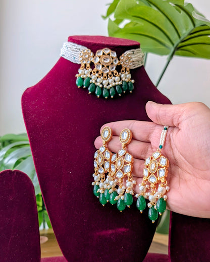 Anjali Premium Kundan Necklace Choker - Dark Green