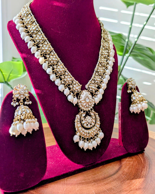 Raveen Long Pearl Kundan Necklace - White
