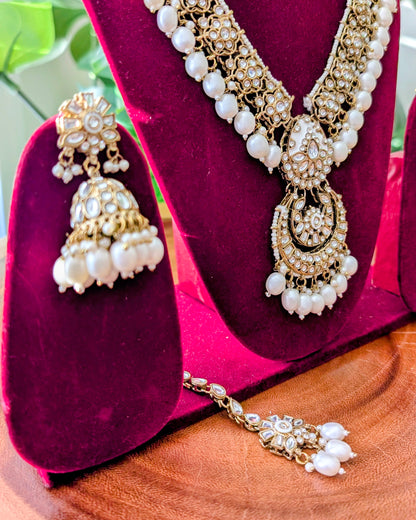 Raveen Long Pearl Kundan Necklace - White