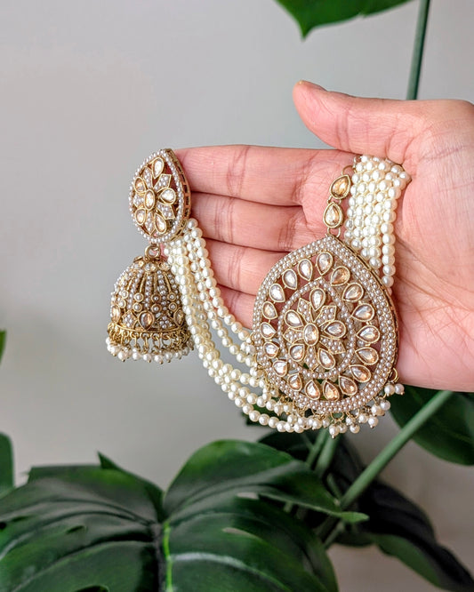 Mona Jadau Jhumki Tikka Set - Golden