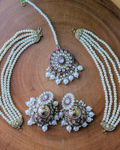 Gauravi Jadau Jhumki Tikka Set - Purple