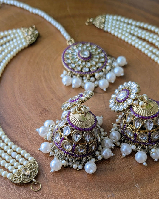 Gauravi Jadau Jhumki Tikka Set - Purple
