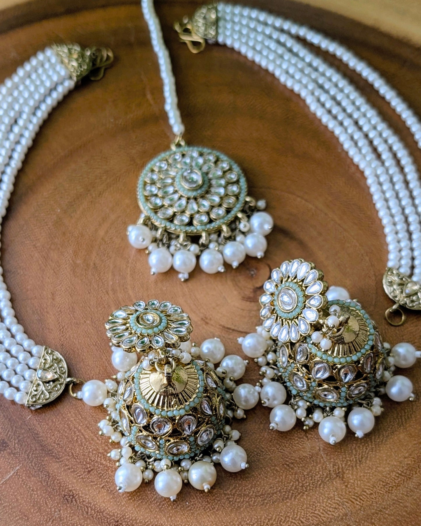 Gauravi Jadau Jhumki Tikka Set - Mint