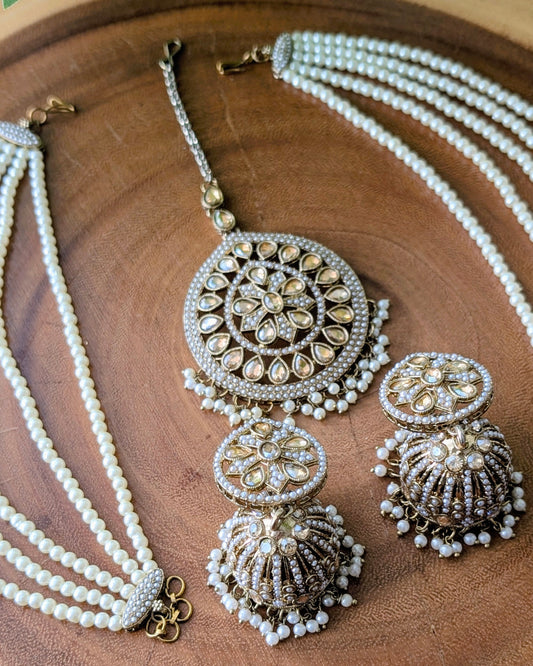 Mona Jadau Jhumki Tikka Set - Golden