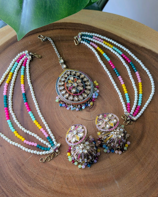 Mona Jadau Jhumki Tikka Set - Multi