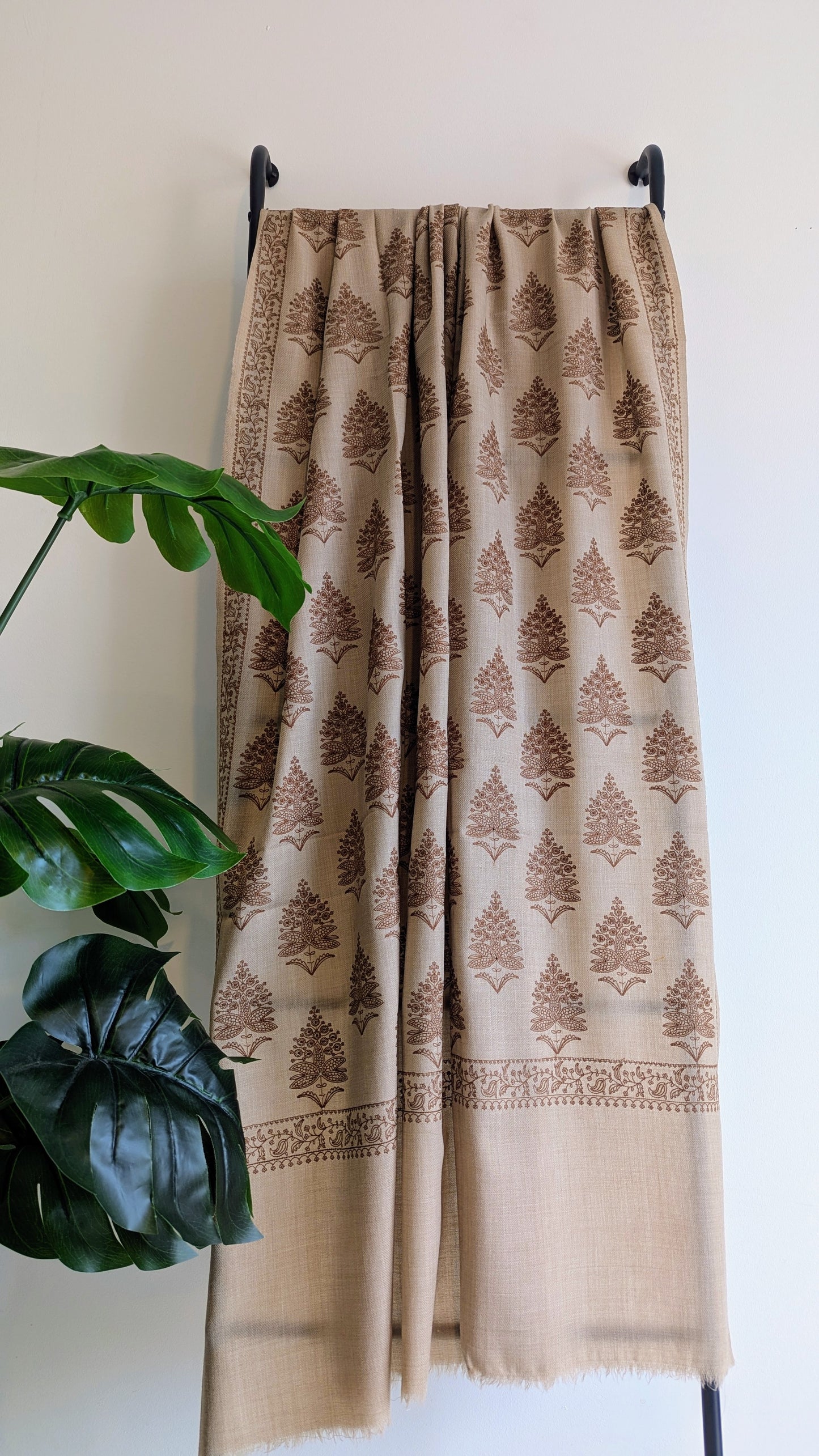 Unisex Semi Pashmina Woolen Embroidery Shawl - Brown