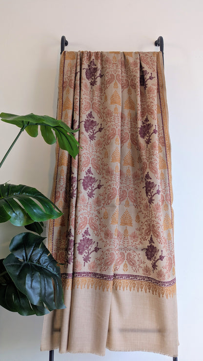 Unisex Semi Pashmina Woolen Embroidery Shawl - Brown