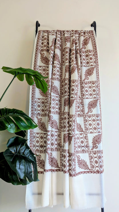 Semi Pashmina Woolen Kashmiri Embroidery Shawl - White