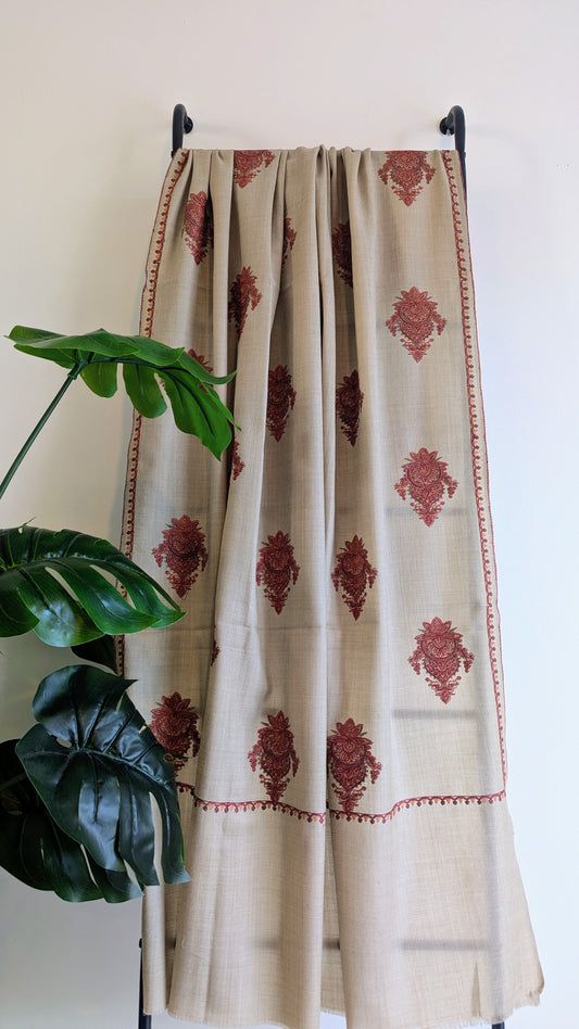 Unisex Semi Pashmina Woolen Embroidery Shawl - Light Brown