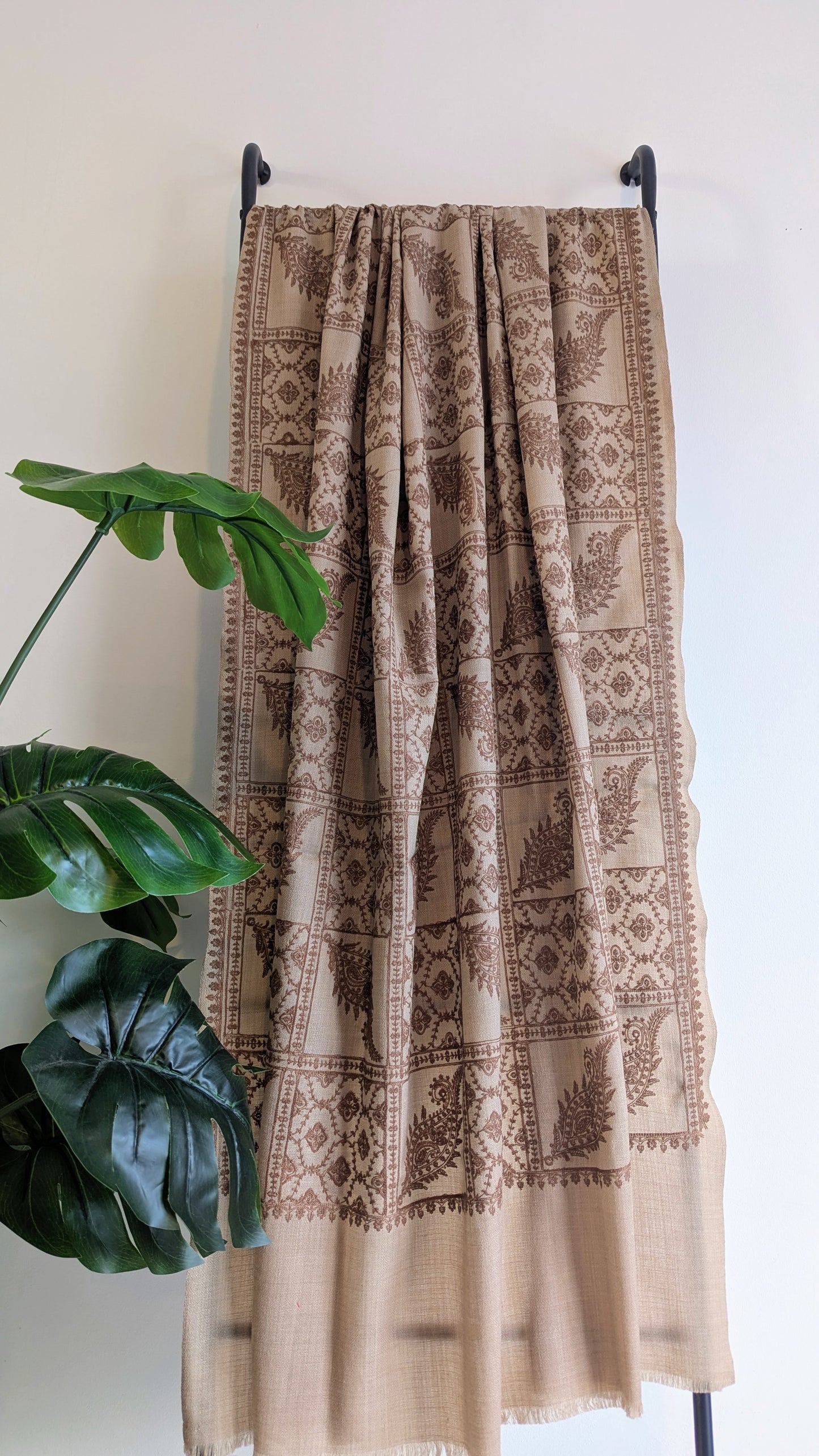 Unisex Semi Pashmina Woolen Embroidery Shawl - Brown