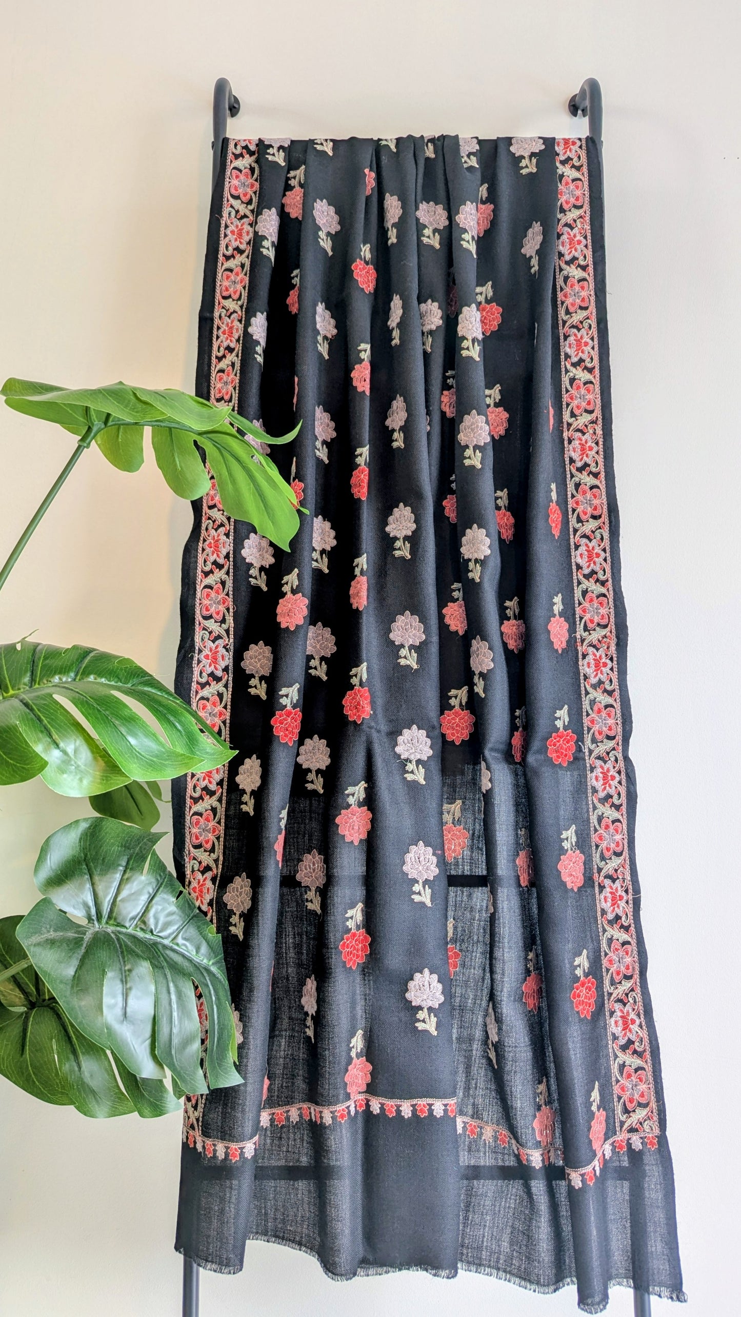 Unisex Semi Pashmina Embroidery Shawl - Black
