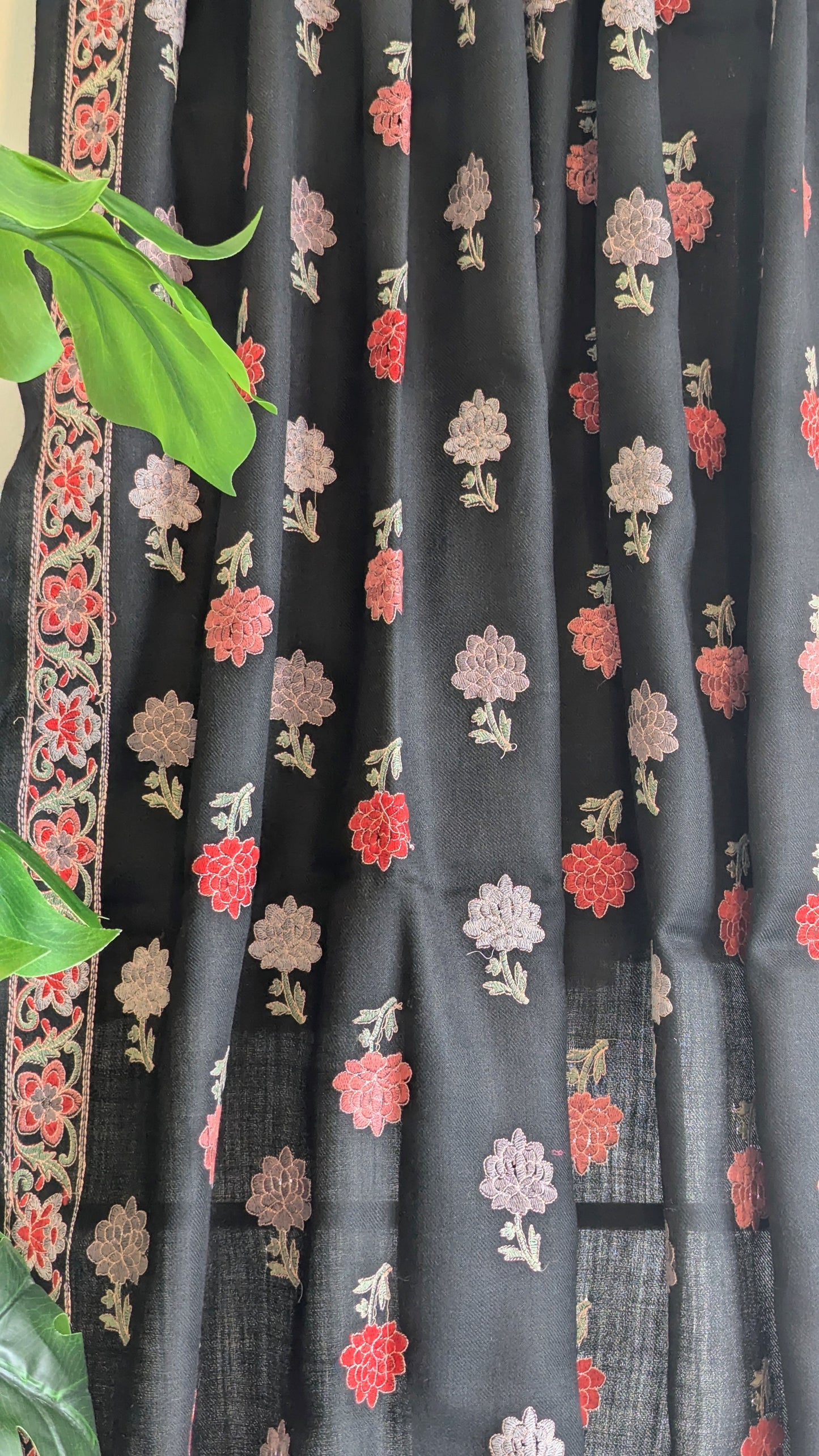 Unisex Semi Pashmina Embroidery Shawl - Black