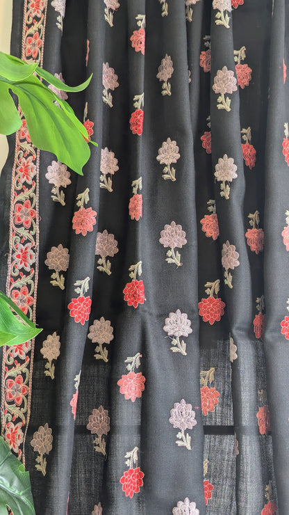 Unisex Semi Pashmina Embroidery Shawl - Black