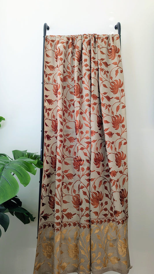 Unisex Semi Pashmina Woolen Embroidery Maple Shawl - Brown