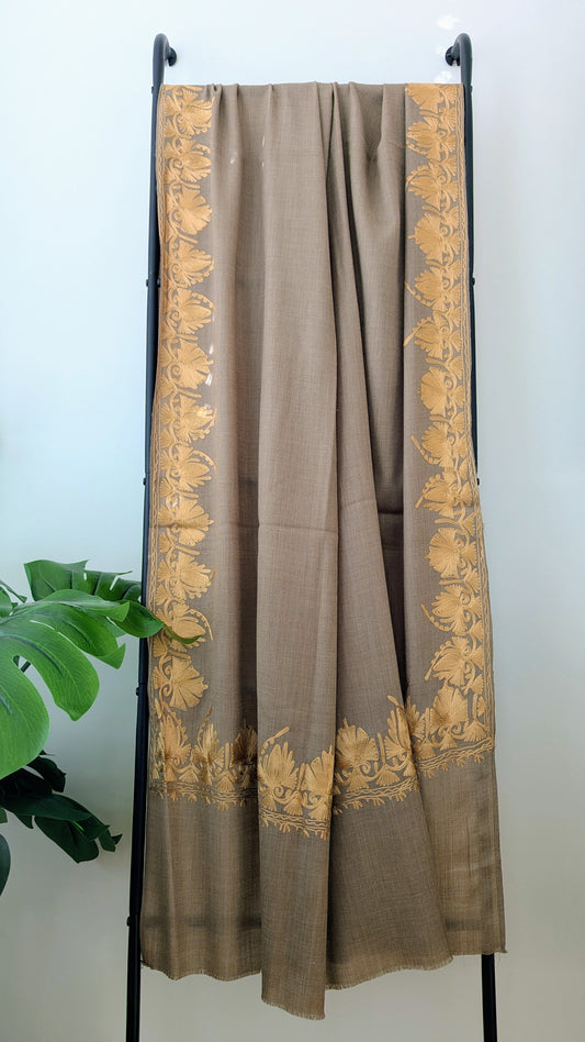 Unisex Semi Pashmina Woolen Embroidery Shawl - Brown