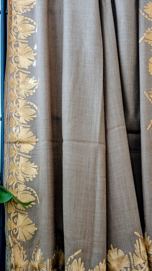 Unisex Semi Pashmina Woolen Embroidery Shawl - Brown