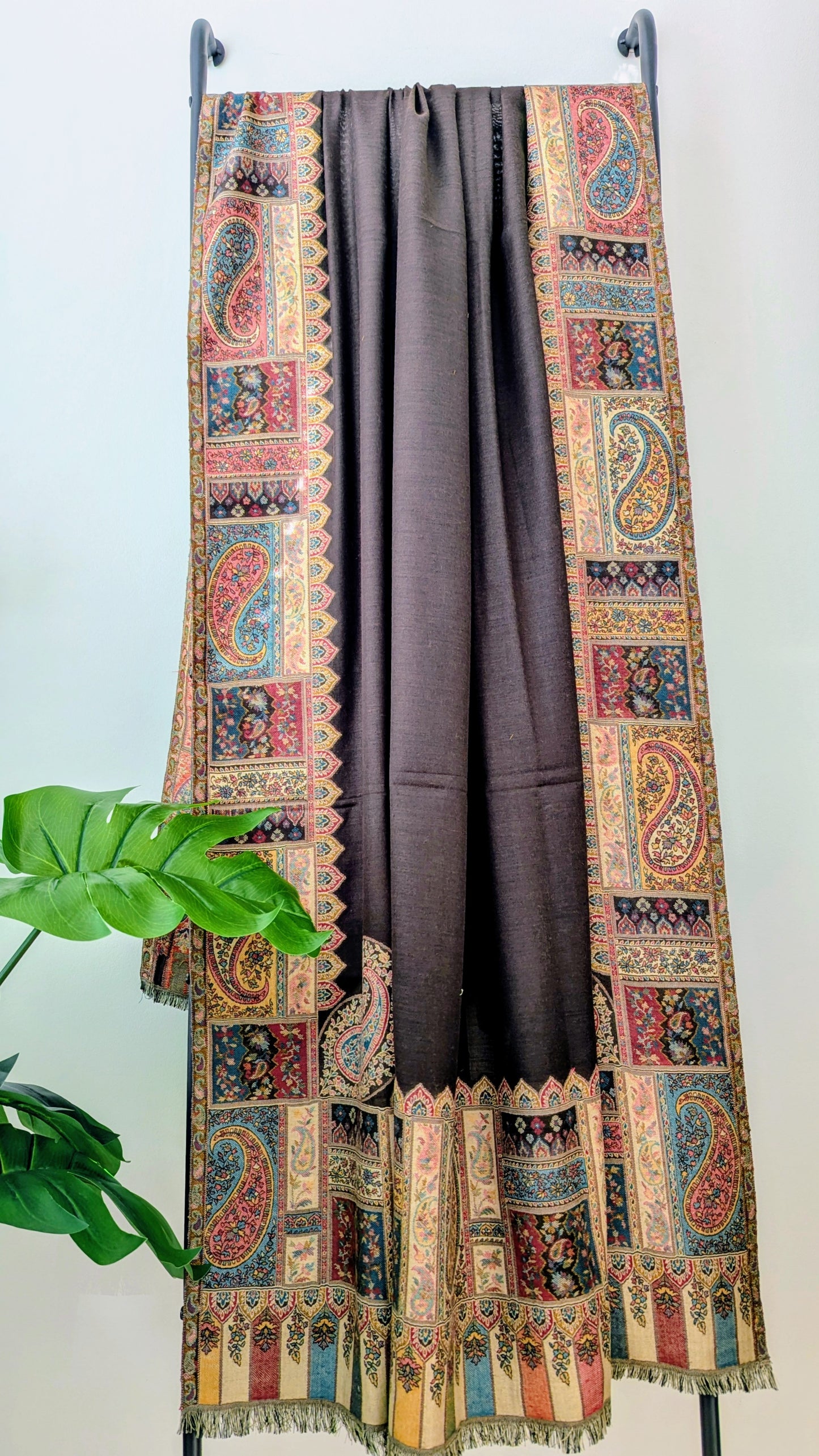 Semi Pashmina Woolen Shawl With Kani Border - Brown