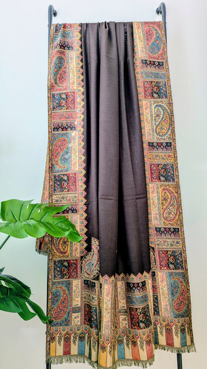 Semi Pashmina Woolen Shawl With Kani Border - Brown