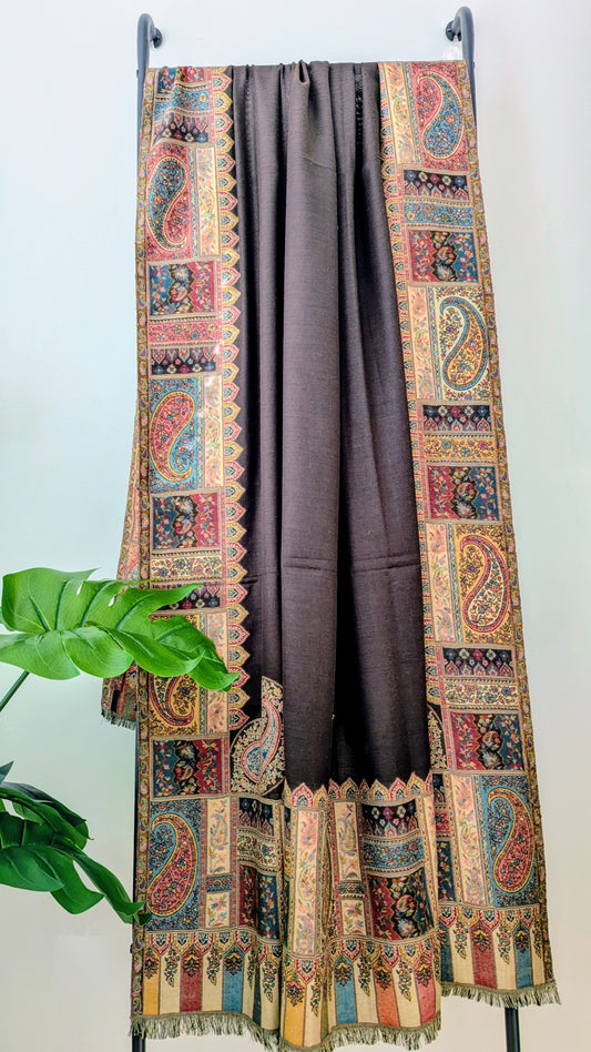 Semi Pashmina Woolen Shawl With Kani Border - Brown