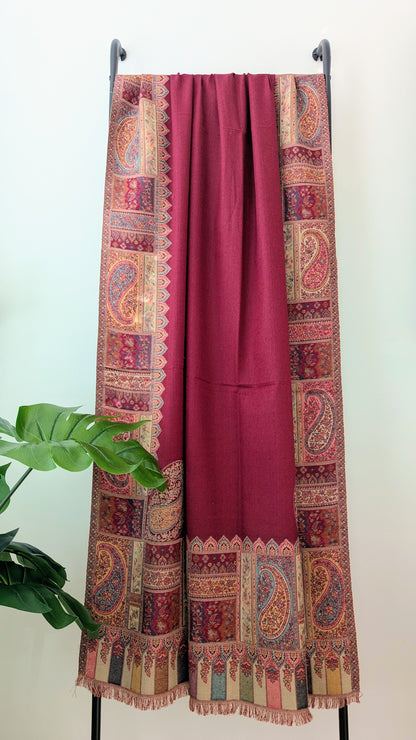 Semi Pashmina Woolen Shawl with Kani Border - Red