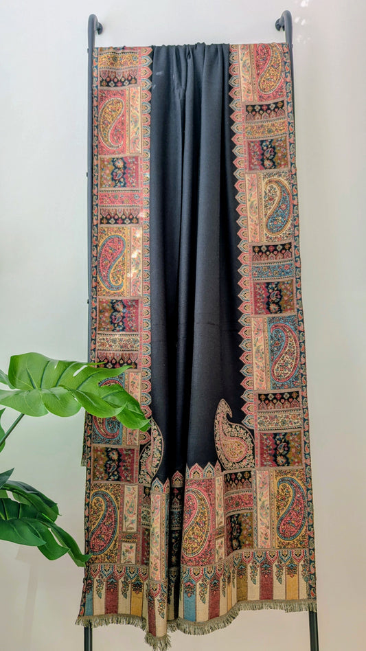 Semi Pashmina Woolen Shawl with Kani Border - Black