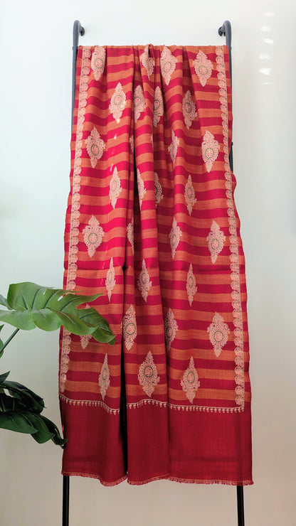 Red Embroidery Striped Woolen Shawl