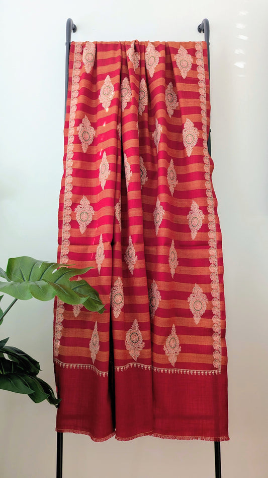 Red Embroidery Striped Woolen Shawl