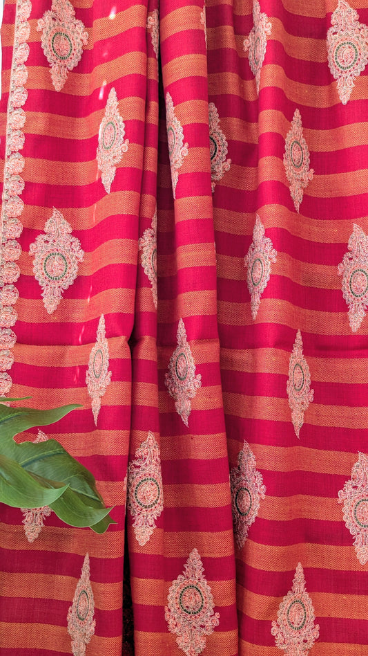 Red Embroidery Striped Woolen Shawl