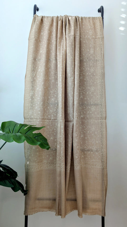 Unisex Semi Pashmina Woolen Embroidery Shawl - Brown