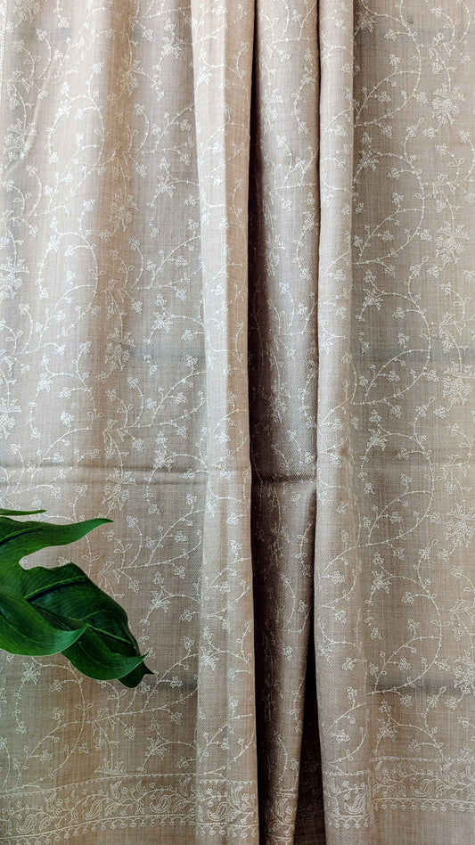 Unisex Semi Pashmina Woolen Embroidery Shawl - Brown