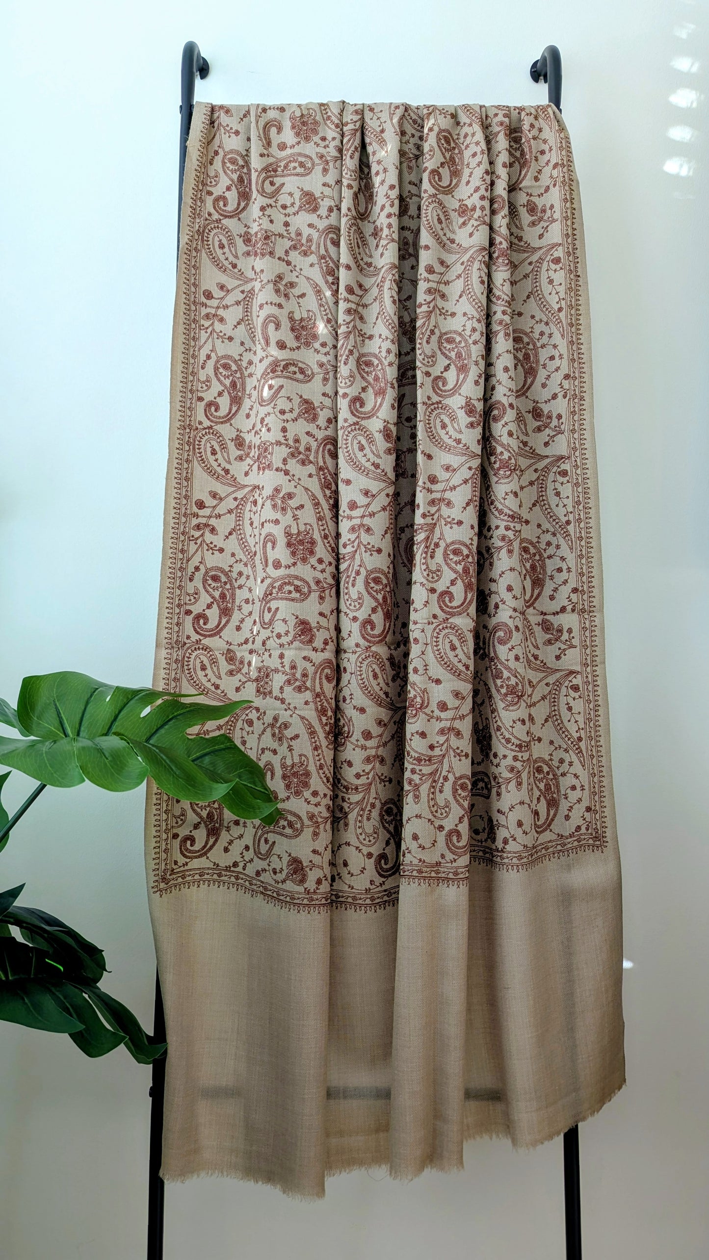 Unisex Semi Pashmina Woolen Embroidery Shawl - Brown