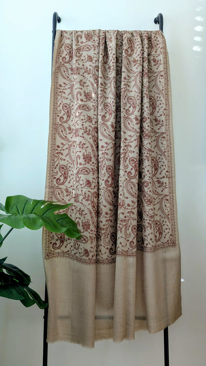 Unisex Semi Pashmina Woolen Embroidery Shawl - Brown