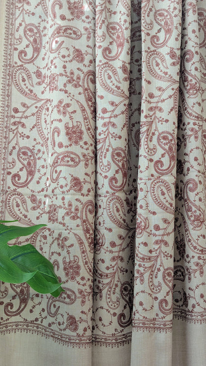 Unisex Semi Pashmina Woolen Embroidery Shawl - Brown