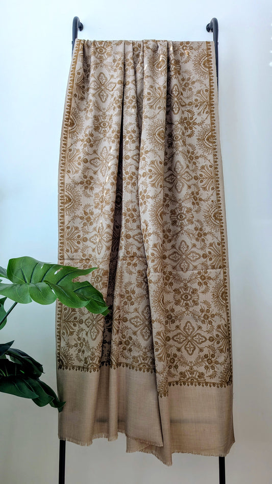 Unisex Semi Pashmina Woolen Embroidery Shawl - Brown