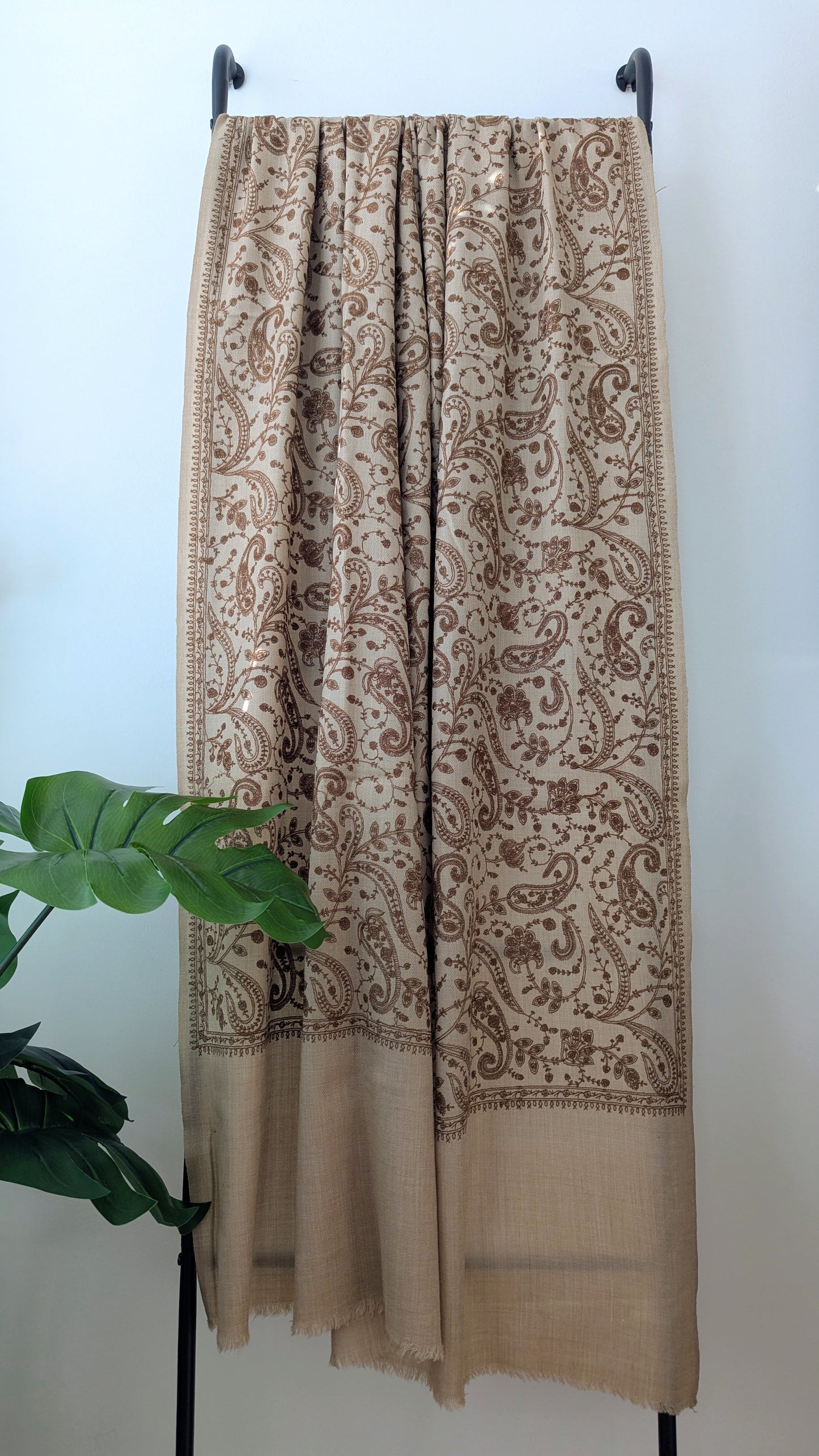 Unisex Semi Pashmina Woolen Embroidery Shawl - Brown