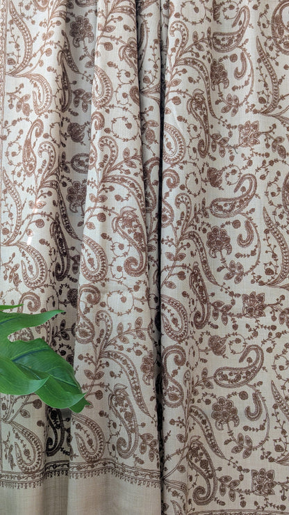 Unisex Semi Pashmina Woolen Embroidery Shawl - Brown