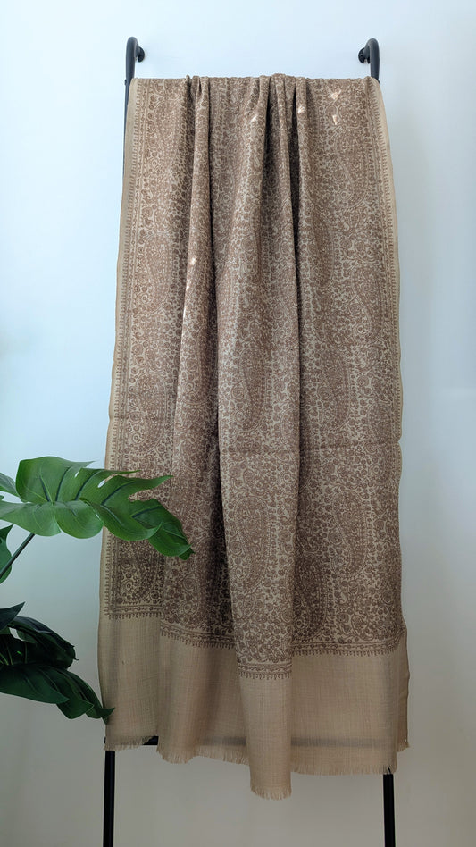 Unisex Semi Pashmina Woolen Embroidery Shawl - Brown
