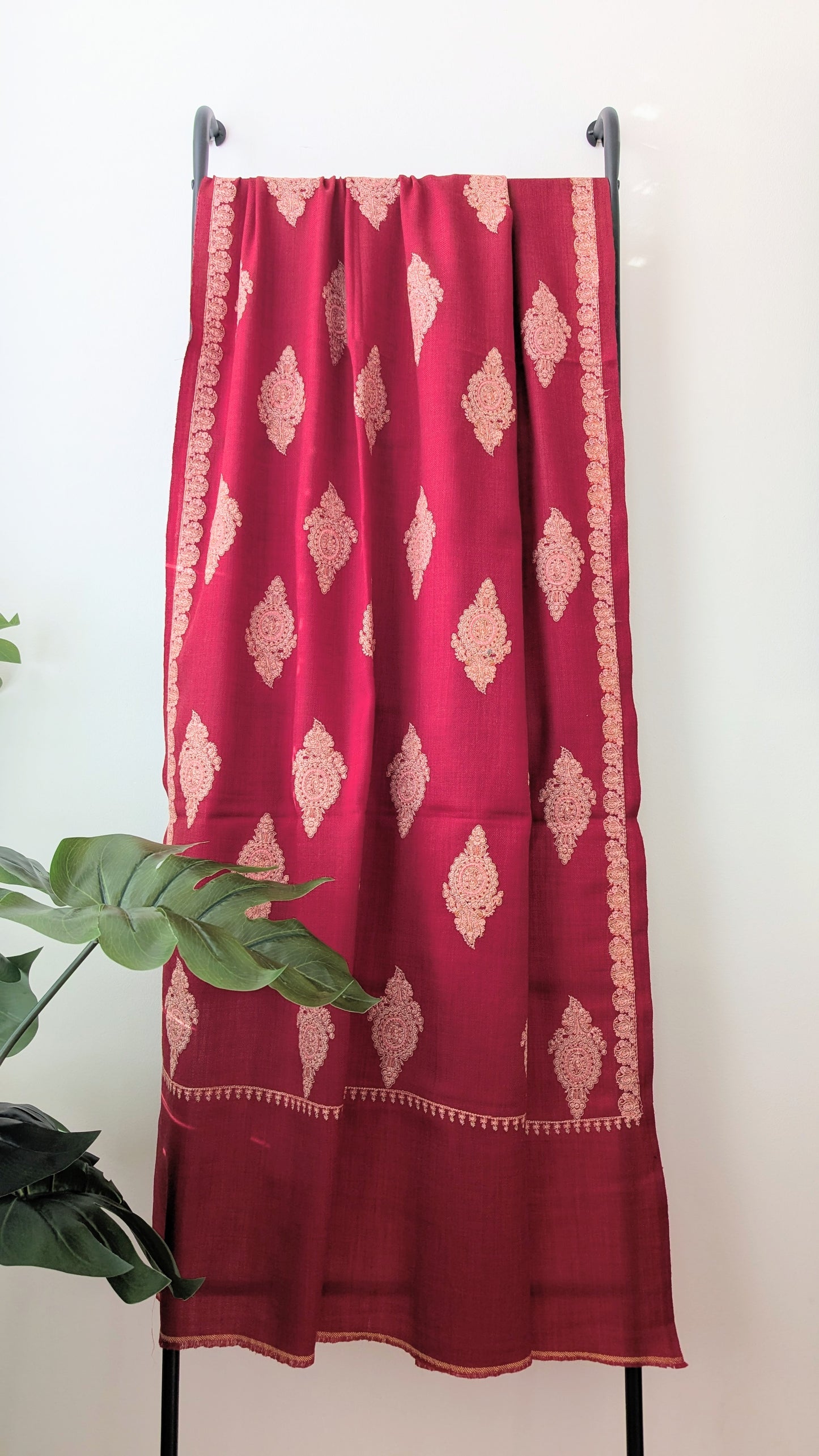 Red Embroidery Striped Woolen Shawl