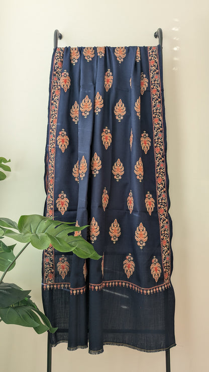 Zari Embroidery Woolen Shawl - Blue