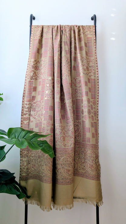 Kani Weave Zari Woolen Shawl - Beige
