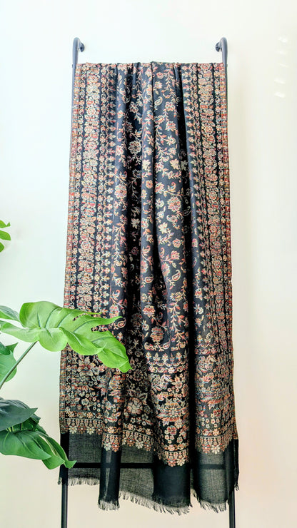 Unisex Kani Weave Zari Silk Shawl - Black