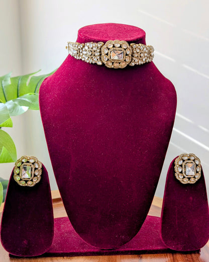 Premium Polki Choker with Earrings - White