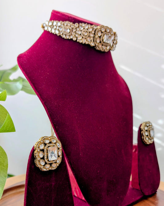 Premium Polki Choker with Earrings - White