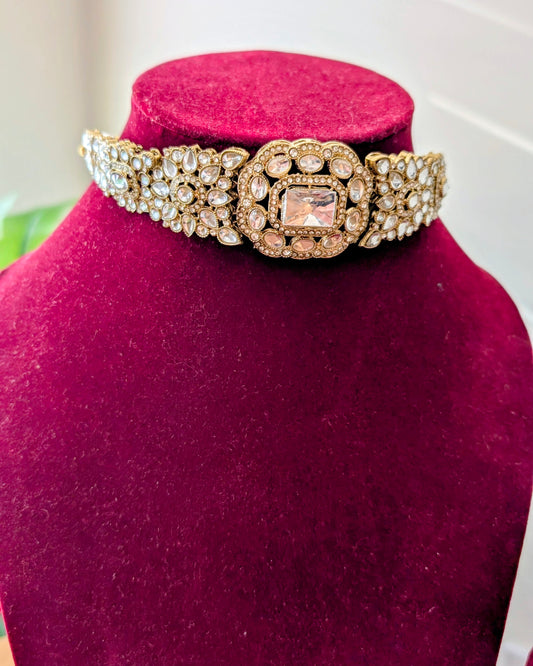 Premium Polki Choker with Earrings - White