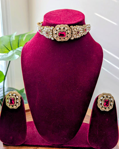 Premium Polki Choker with Earrings - Pink