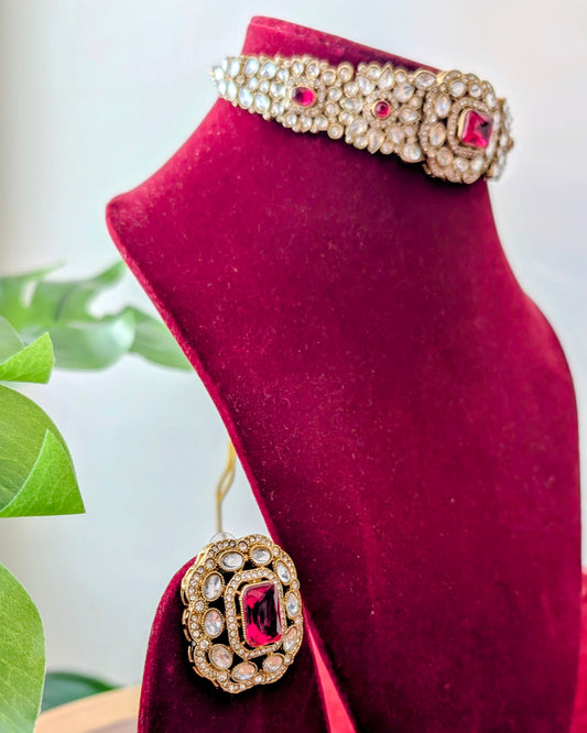 Premium Polki Choker with Earrings - Red