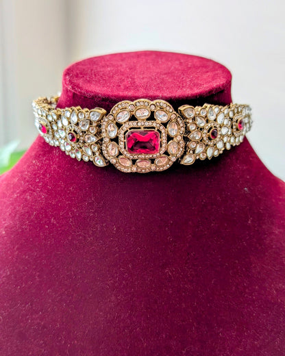 Premium Polki Choker with Earrings - Pink